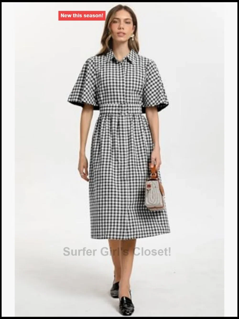 Women's Plaid Shirt Dress Button Down V Neck Cape Sleeves Midi with Belt Pocket